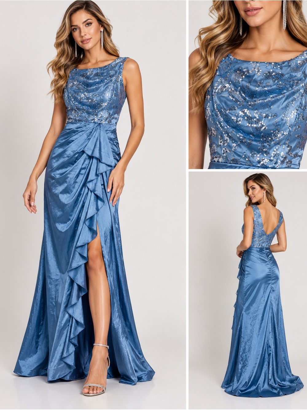 Blue Sequin Satin Ruffle Formal Evening Gown Size 10